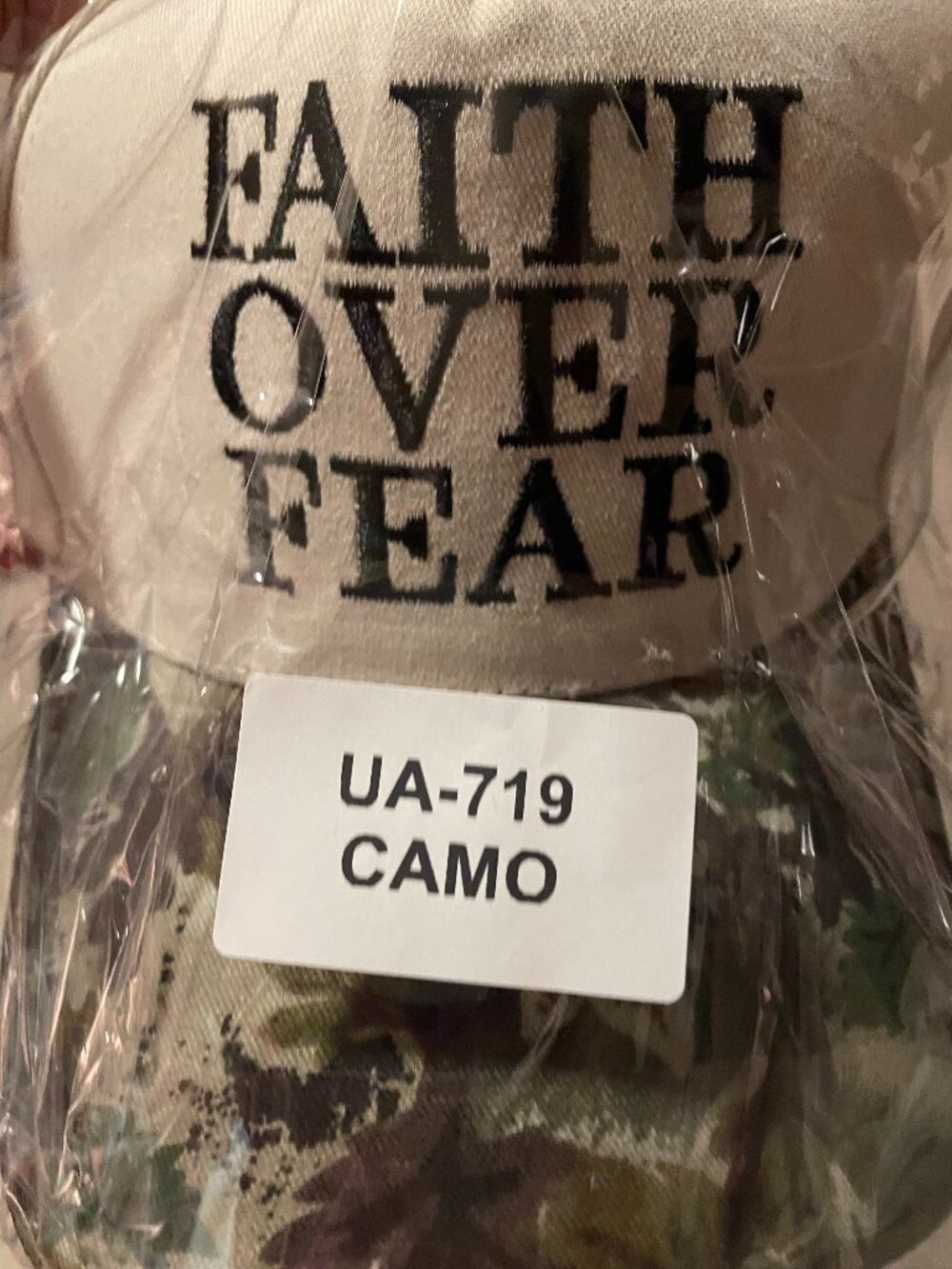 Zenana Outfitters Cream and CAMO Print "FAITH OVER FEAR'" Baseball Cap